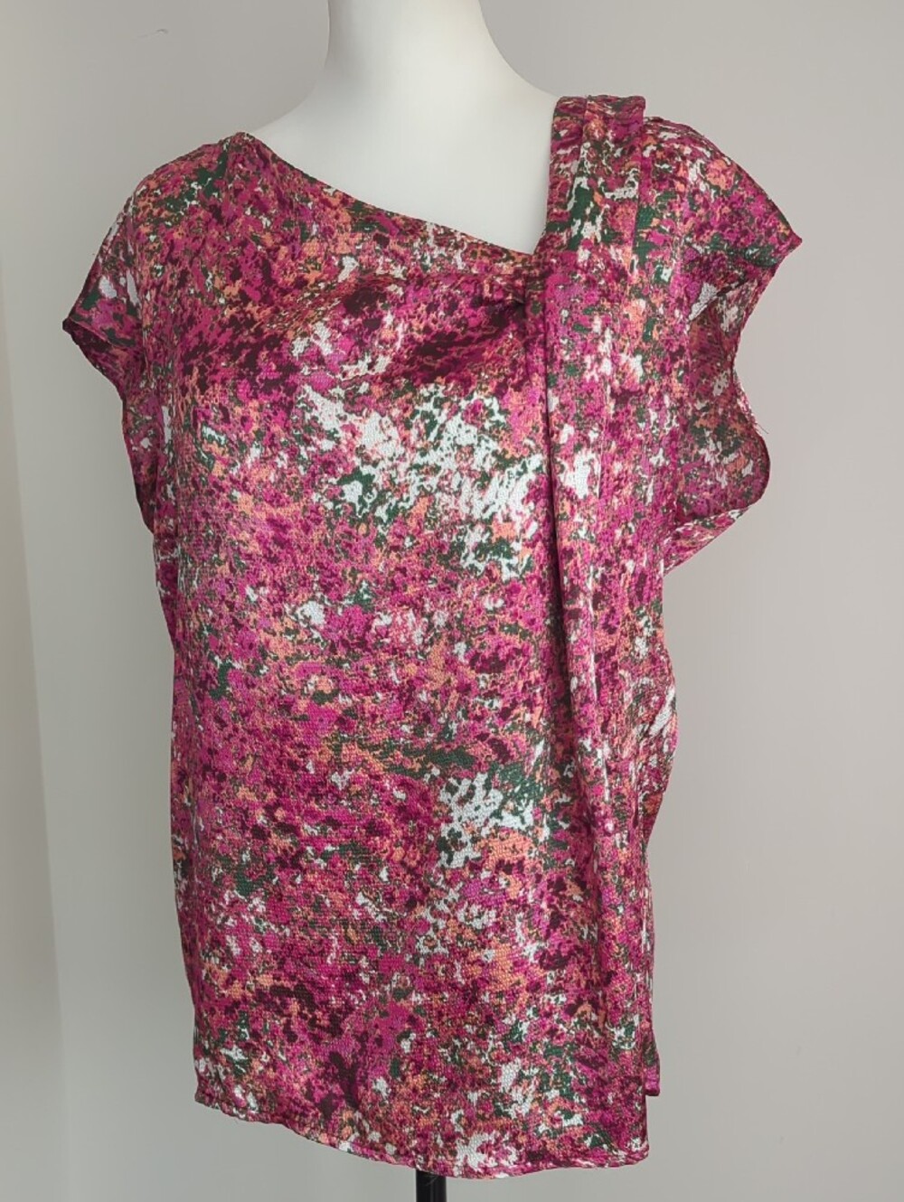 Fred David Magenta Floral Asymmetrical Draped Cowl-Neck  Cap-Sleeve Blouse
